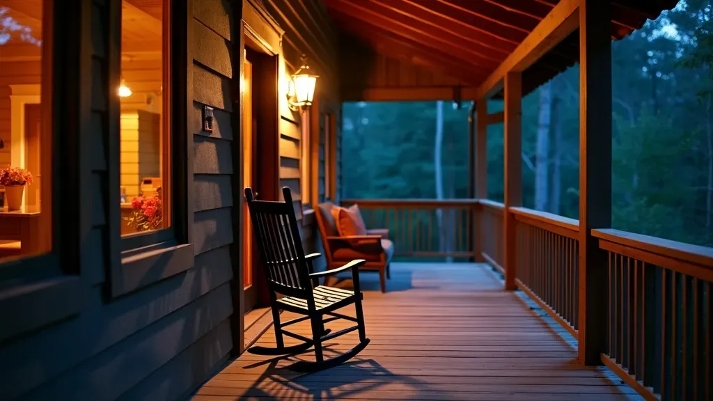 A porch at night with rain falling past the lamp