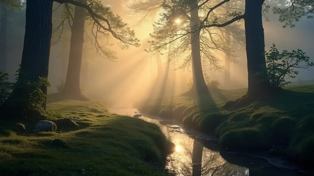 Morning light through a misty wood